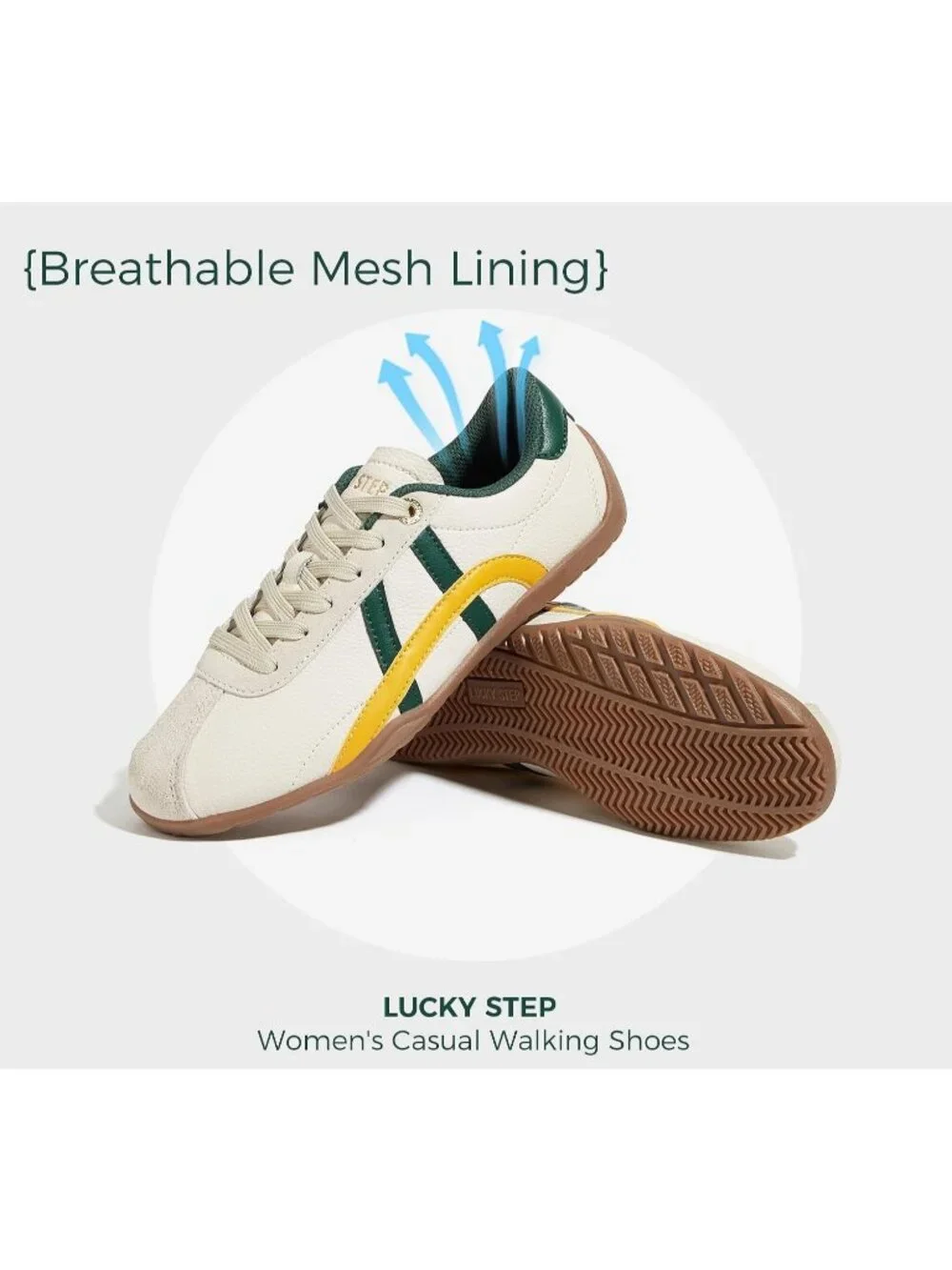 Women's Beige/Green Lightweight Trendy Fashion Thin Sole Walking Stylish Sneaker